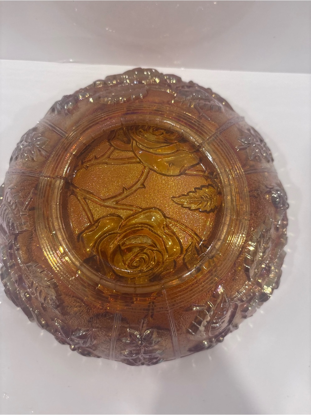 Vintage amber marigold carnival glass rose pattern serving bowl 8” iridescent - Picture 7 of 11